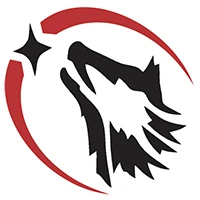 HockeyWolf Logo - Red arch with black star at top, black wolf outline howling towards star